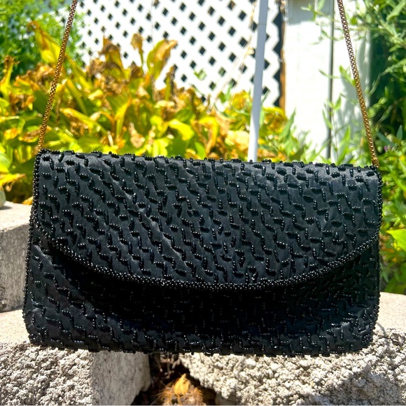 ANDRE' CELLINI Beaded Shoulder Purse Black Satin Clutch Bronze Chain Convertible - Picture 1 of 8